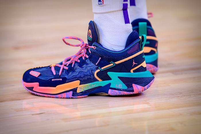 View of Russell Westbrook's multi-color Jordan sneakers.